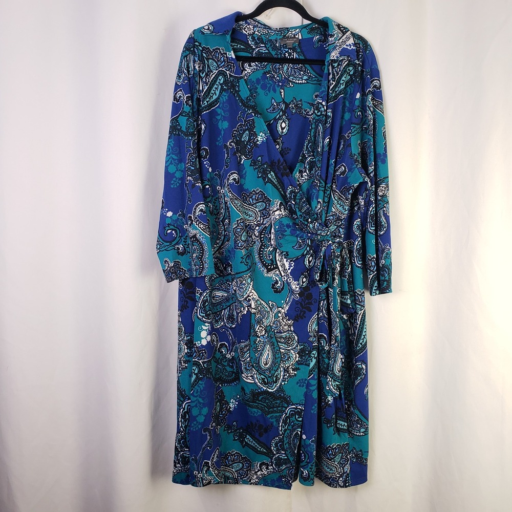 The Limited Collection Blue Teal Paisley Faux Wrap Dress 3/4 Sleeve Womens 3X